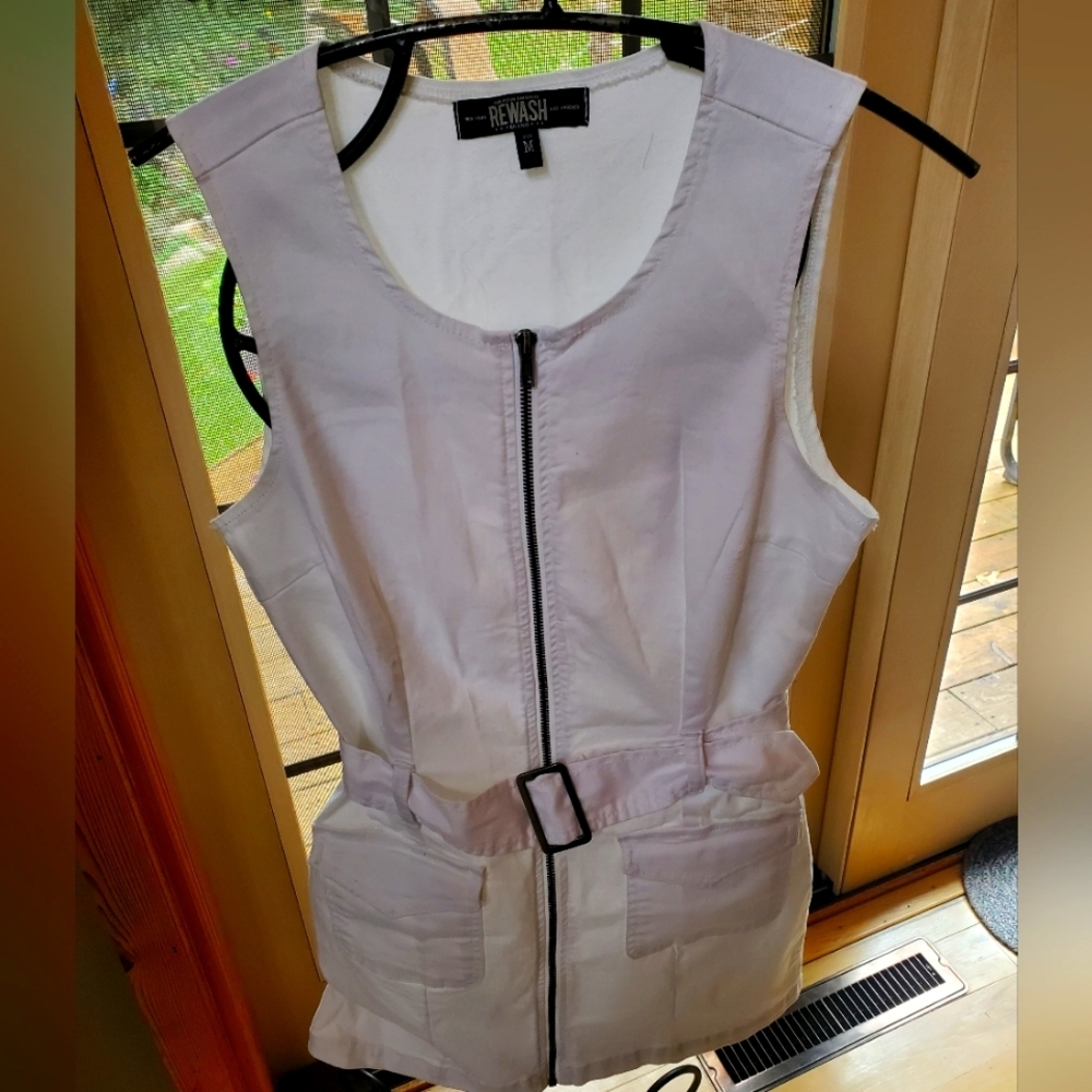 REWASH Brand White Sleeveless Full Zip Belted Denim Mini Sz. M Dress NWOT